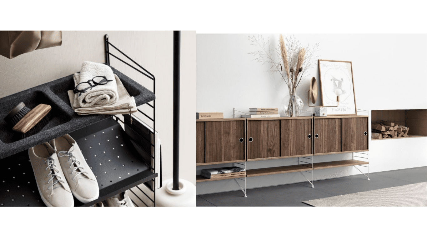 String i svart med skohylla & vit och valnöt